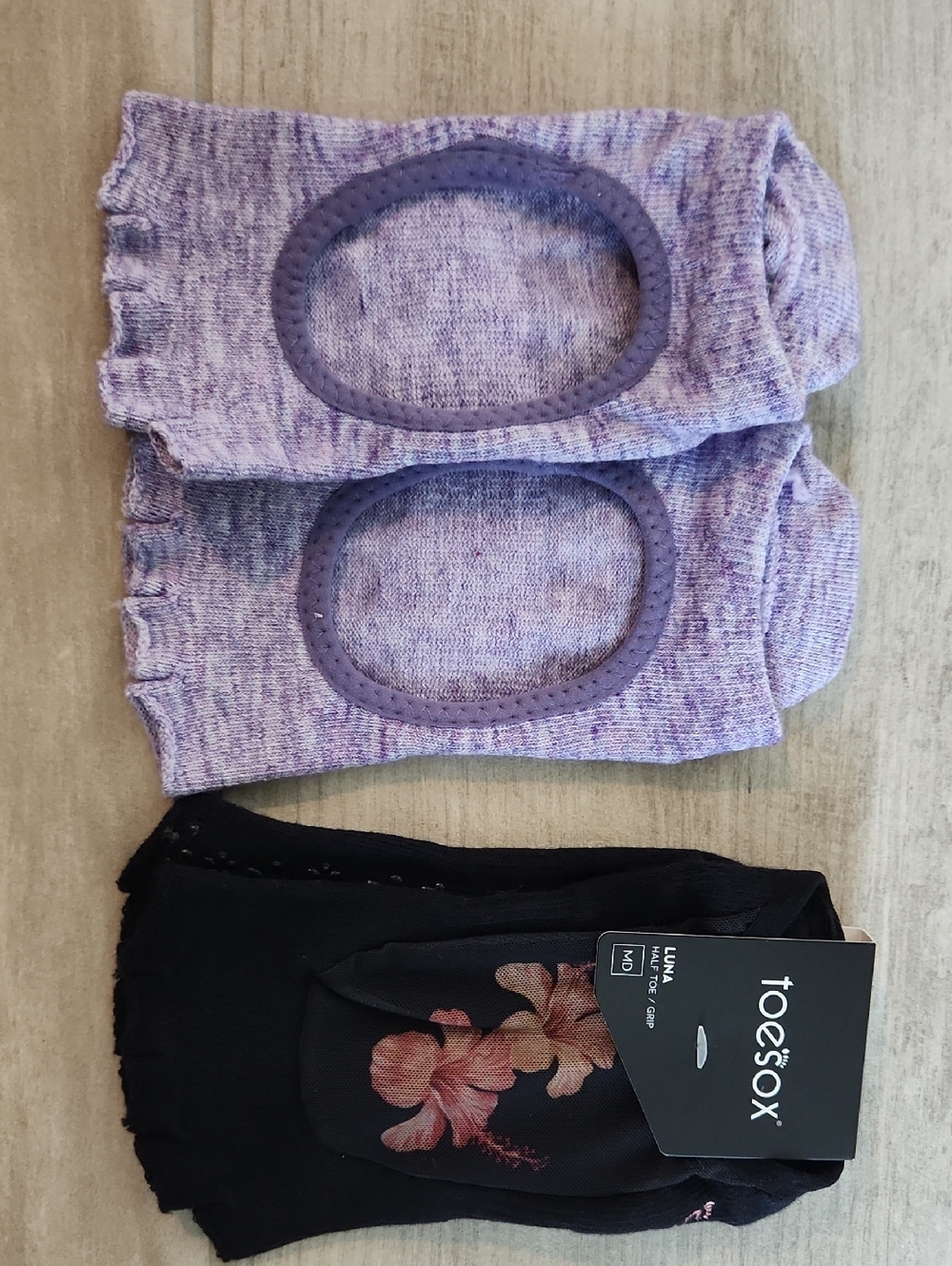 Toesox Low-Cut Grip Socks One Lavender and The Other Black with Floral Accent